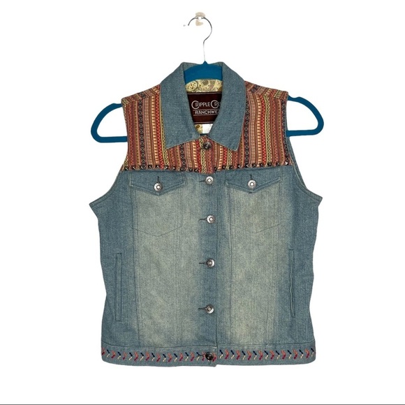 Cripple Creek Denim Aztec Southwest Studded Button Front Vest - Picture 1 of 10